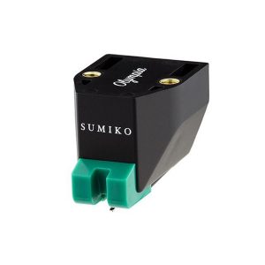 Sumiko step-up transformer with black housing and green base, gold terminals on top.
