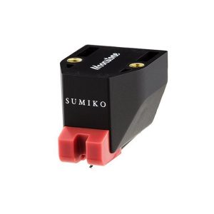 Sumiko Monotone phono cartridge, black rectangular body with red mounting plug at base and gold contact holes on top.