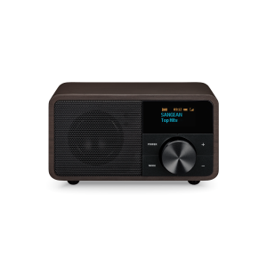Sangean tabletop digital radio with wooden cabinet, black front panel, large central dial, and DAB display.