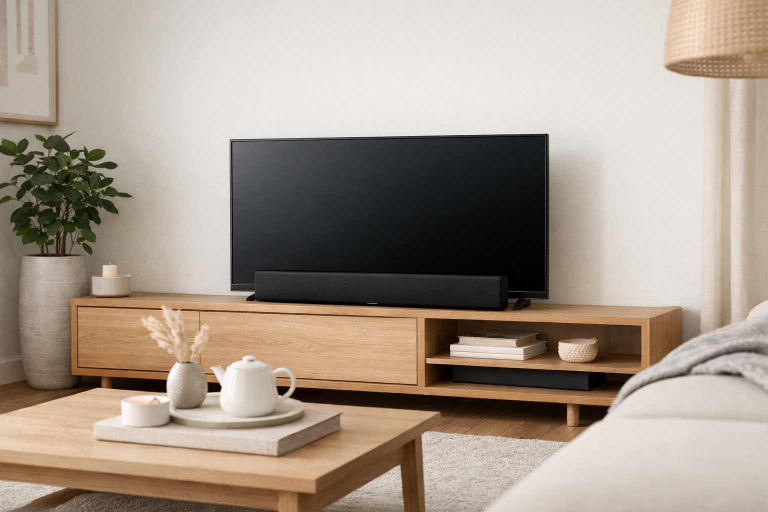 Beyond The Soundbar: Modern Tv Audio Alternatives Black flat-screen tv on a wooden media console with a centered soundbar in a minimalist living room.