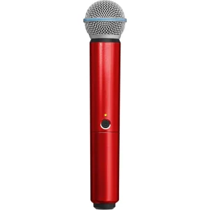 Red wireless handheld microphone with metal grille and power button.