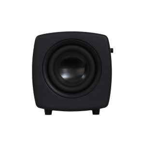 Black compact speaker with single woofer front view.