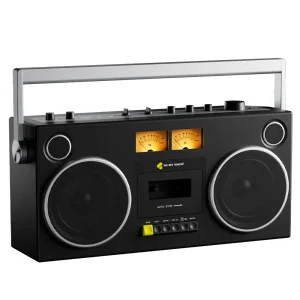 We Are Rewind boombox with cassette deck, two large front speakers, orange VU meters, a metal carrying handle, and top-panel controls.