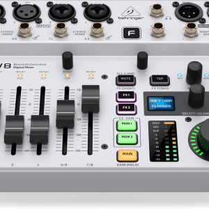 Behringer FLOW8 Bluetooth-controlled digital mixer with eight input channels, eight motorized faders, FX buttons, and a color LCD display.