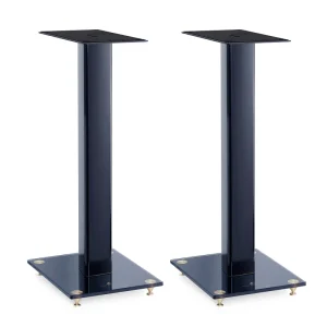 Pair of dark metal speaker stands with square mounting tops and square bases with four small feet.