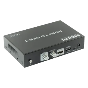 HDMI to DVI-1 video converter box with HDMI input, two coaxial output connectors, USB update port, and 12V DC power input.
