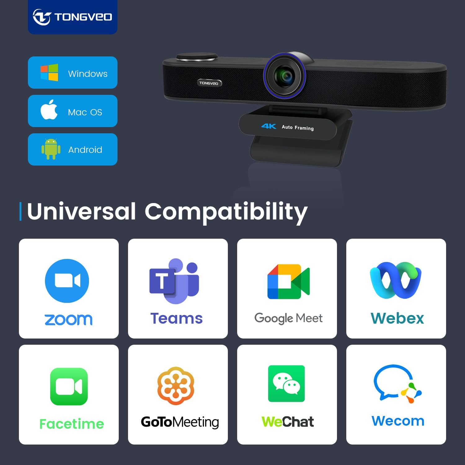 Tongveo 3-In-1 4K Webcam With Microphones And Speaker Tongveo 4k auto-framing conference camera with universal compatibility for windows, mac os, and android.
