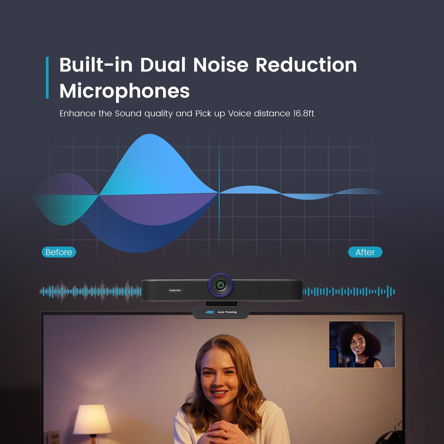 Tongveo 3-In-1 4K Webcam With Microphones And Speaker Web conferencing webcam with a blue-ring lens and 4k auto framing badge, promoted for built-in dual noise reduction microphones.