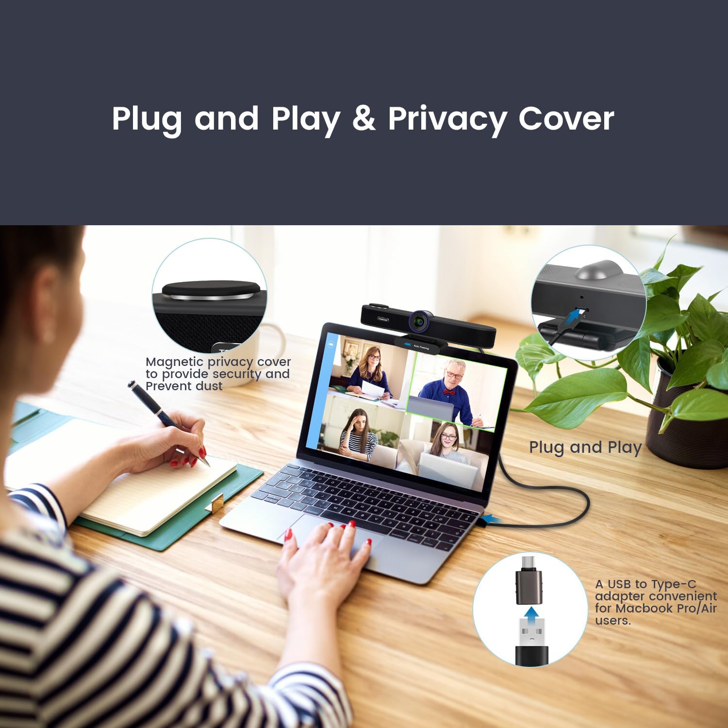 Tongveo 3-In-1 4K Webcam With Microphones And Speaker Plug-and-play usb webcam with a magnetic privacy cover mounted on a laptop monitor during a video conference.
