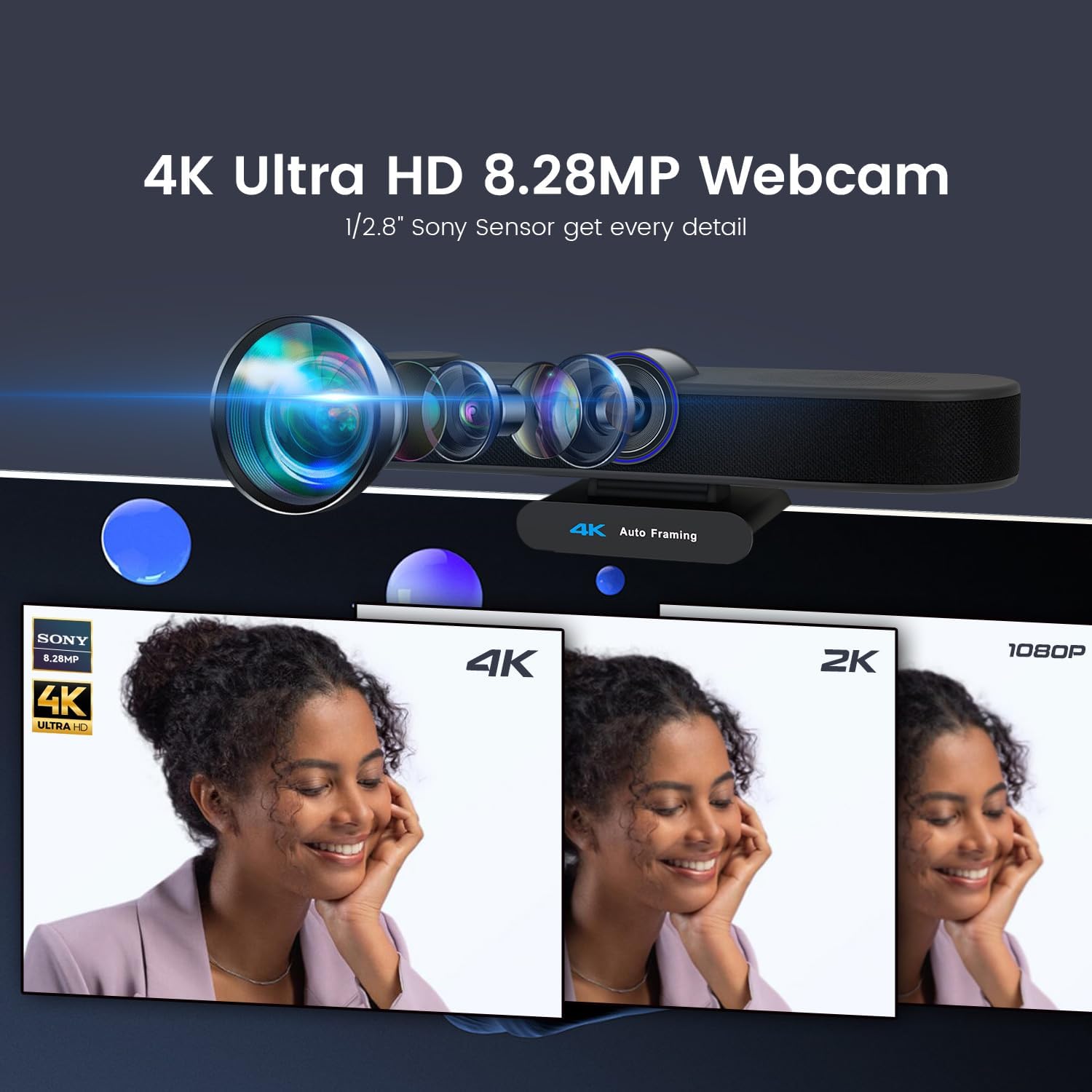 Tongveo 3-In-1 4K Webcam With Microphones And Speaker 4k ultra hd 8. 28mp webcam with a sony 1/2. 8-inch sensor and auto-framing, mounted on a black base.
