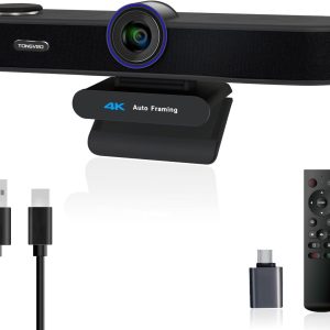 TongVeo 4K Auto Framing webcam with a black mesh body and adjustable clip mount, shown with USB-A and USB-C cables and a remote control.