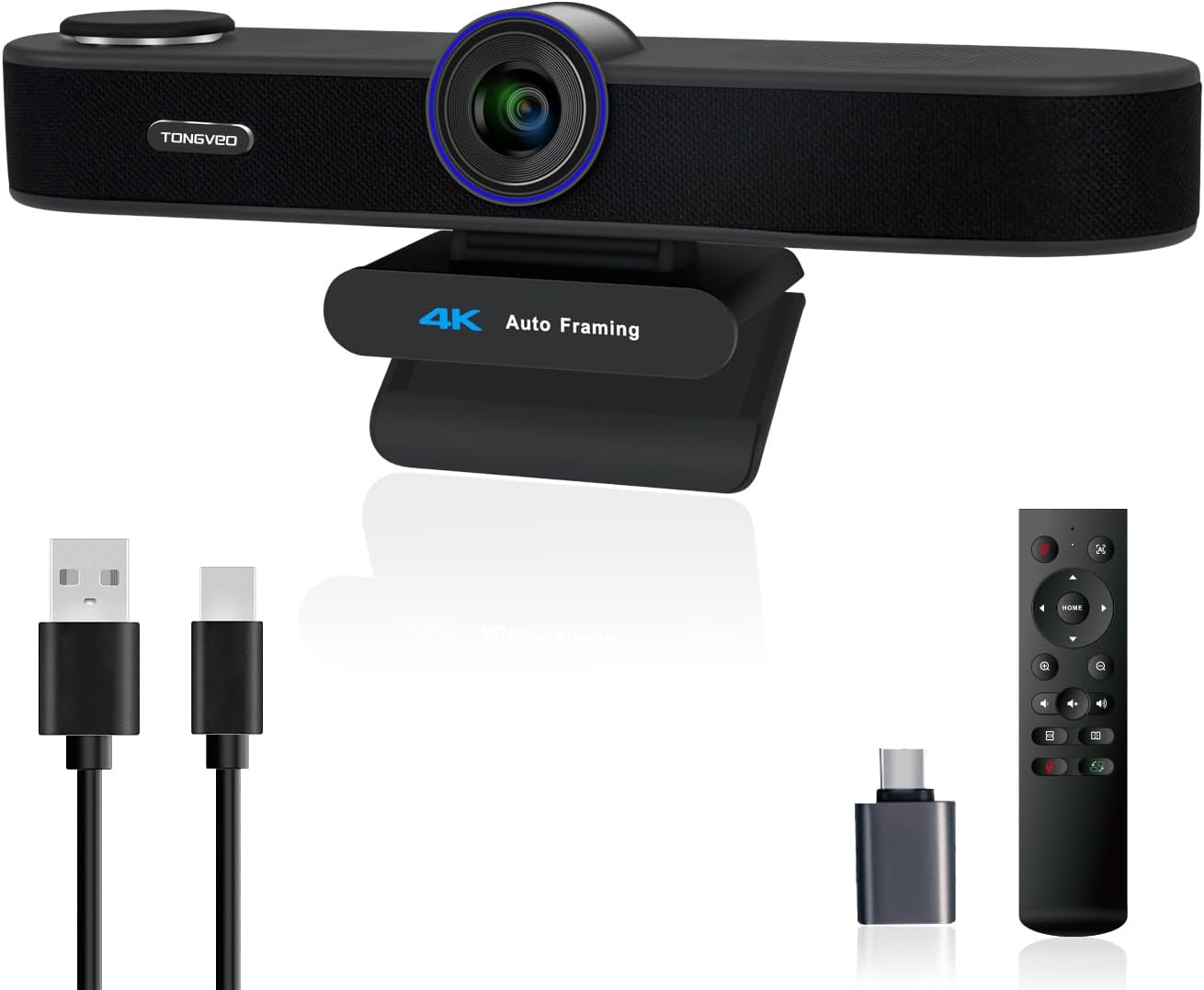 Tongveo 3-In-1 4K Webcam With Microphones And Speaker Tongveo 4k auto framing webcam with a black mesh body and adjustable clip mount, shown with usb-a and usb-c cables and a remote control.