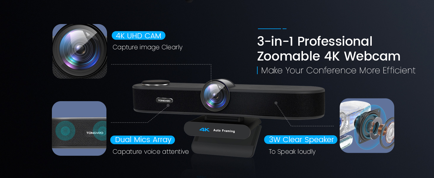 Tongveo 3-In-1 4K Webcam With Microphones And Speaker