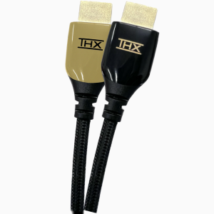 Two THX HDMI cables with braided black cables and gold- and black-colored connector housings.