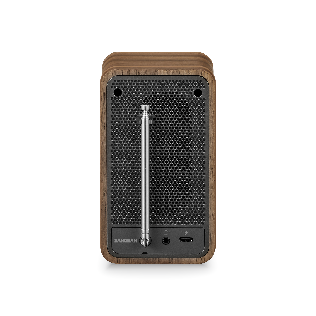 Sangean Ddr-8 Dab+ / Fm-Rds / Bluetooth Wooden Cabinet Radio Sangean wooden tabletop radio with a perforated metal front grille and a silver telescoping antenna.