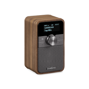 Sangean wooden-cased portable radio with a digital display showing Top Hits, a large central dial, and a perforated metal speaker grille.