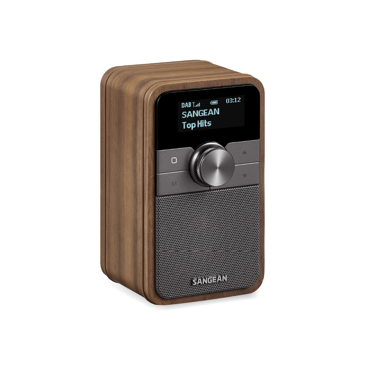 Sangean Ddr-8 Dab+ / Fm-Rds / Bluetooth Wooden Cabinet Radio Sangean wooden-cased portable radio with a digital display showing top hits, a large central dial, and a perforated metal speaker grille.