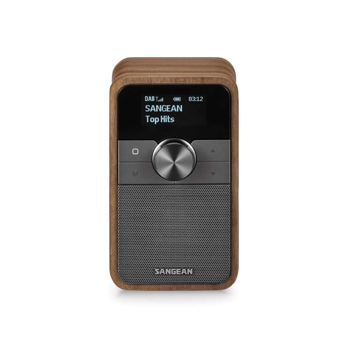 Sangean Ddr-8 Dab+ / Fm-Rds / Bluetooth Wooden Cabinet Radio Sangean portable dab radio with a wooden shell, small lcd display, central metallic dial, and perforated speaker grille.