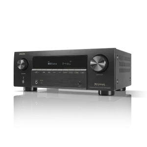 Denon INCommand AV receiver with a brushed metal front panel, large left and right knobs, central display, and row of control buttons.