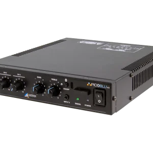 Australian Monitor PicoBlu v2 three-channel audio amplifier with bass and treble controls, input selector, and power and signal LEDs.