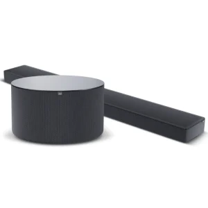 LOEWE Klang BAR5 MR & Sub5 Soundbar and Subwoofer shown together from an angled front view, highlighting their matching black designs.