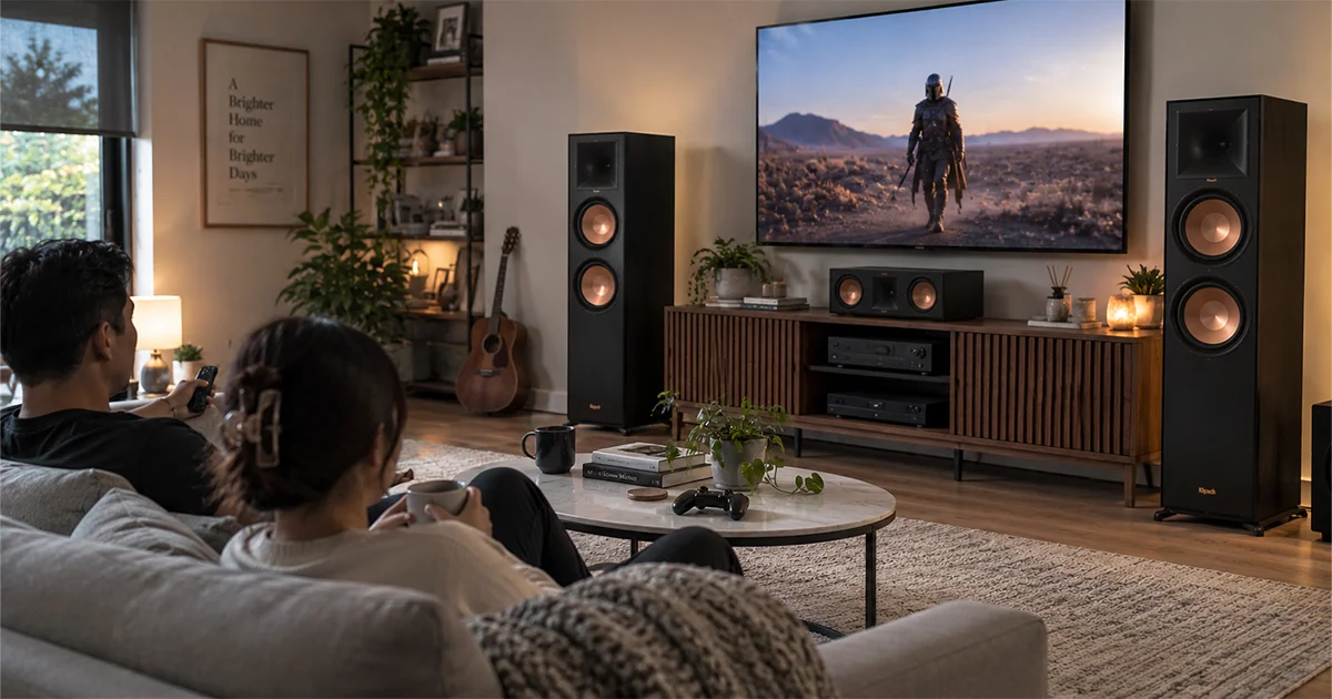 Homepage Two people sit on a couch in a living room, watching tv with a large pacific hi fi sound system; the screen shows a person walking in a desert landscape.