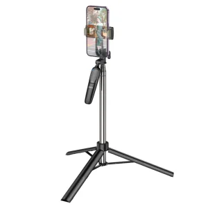 The HOCO. K19 Soul Ultra High Wireless Selfie Stick and Broad Cast Phone Holder, featuring a black extendable tripod design with an attached remote control, is displayed against a plain white background.