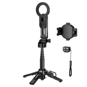 The HOCO. Tabletop Holder “K27 Pro Magic” for Live broadcast is shown on a white background, featuring a black tripod stand with an attached ring light, phone holder, remote control, and adjustable legs.