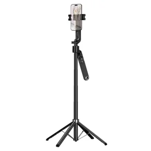 The HOCO. Smart Holder “K32 Soporte” Quadropod Face Tracking holds a smartphone vertically as a black tripod selfie stick, with a detachable Bluetooth remote attached to the handle.