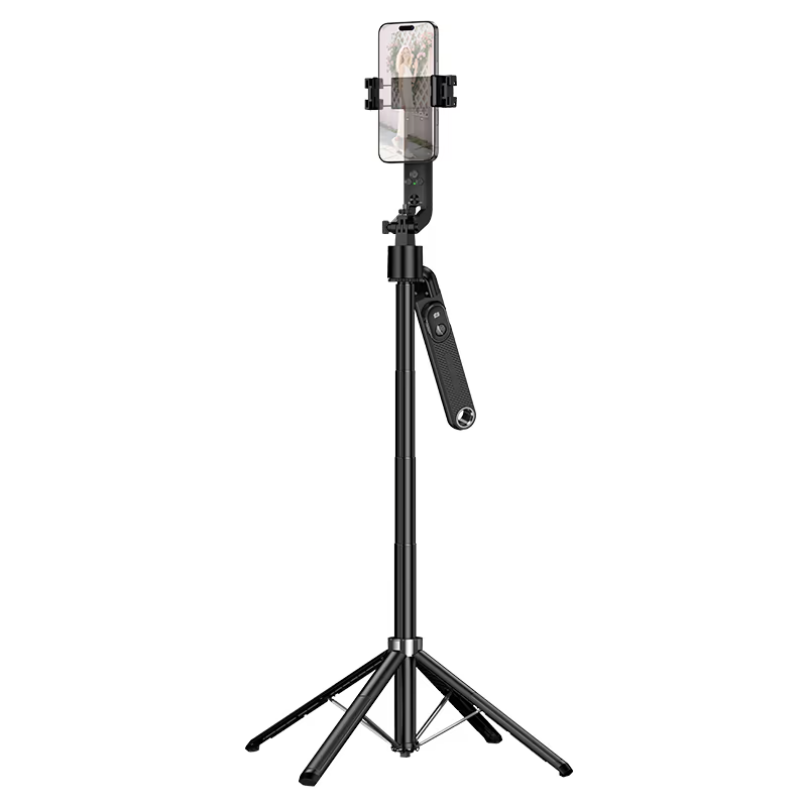Hoco. Smart Holder “K32 Soporte” Quadropod Face Tracking The hoco. Smart holder “k32 soporte” quadropod face tracking holds a smartphone vertically as a black tripod selfie stick, with a detachable bluetooth remote attached to the handle.