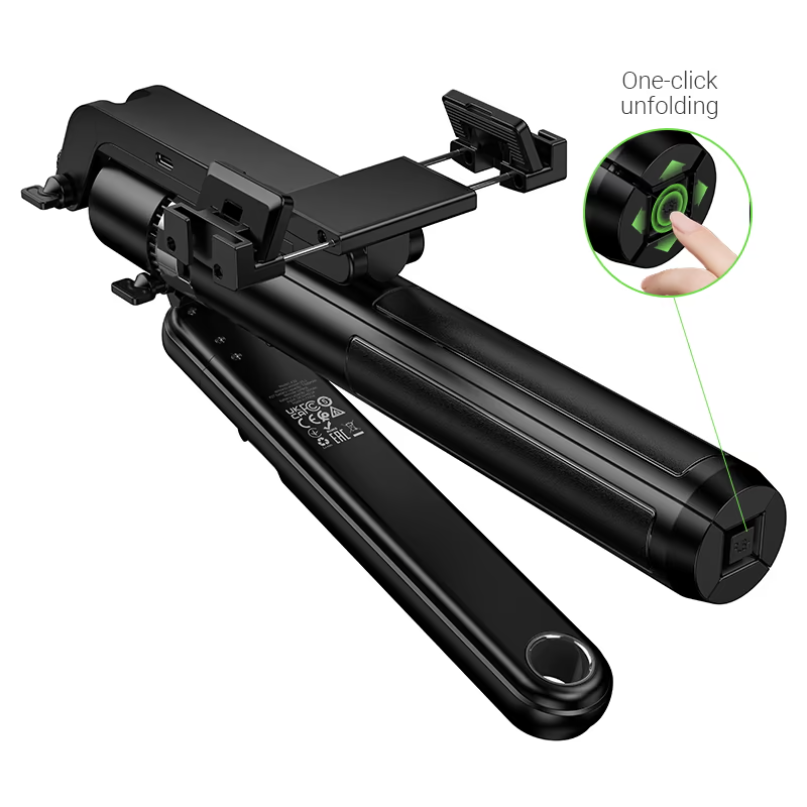 Hoco. Smart Holder “K32 Soporte” Quadropod Face Tracking The hoco. Smart holder “k32 soporte” quadropod face tracking, a black handheld electronic device featuring a phone holder attachment, is shown partially unfolded as a finger presses its green “one-click unfolding” button.