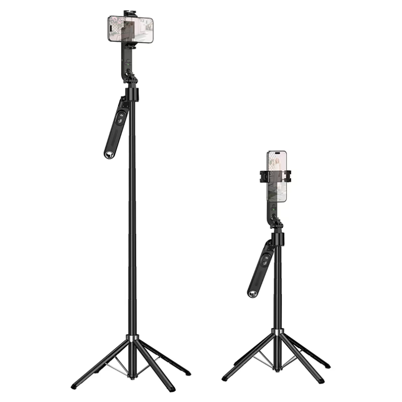 Hoco. Smart Holder “K32 Soporte” Quadropod Face Tracking Two hoco. Smart holder “k32 soporte” quadropod face tracking stands in black, each mounted with a smartphone and attached remote control, are displayed at varying heights against a white background.