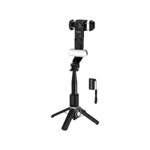 HOCO. DYY06 Mini Gimbal Stabilizer & 104cm Selfie Stick Tripod features a black adjustable phone holder, an LED light panel, and a detachable remote control, perfect for photography or video recording.