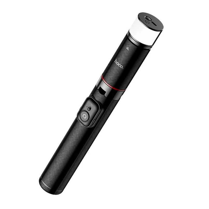 Hoco. K34 All-In-One Live Broadcast Holder A cylindrical black and silver hoco. K34 all-in-one live broadcast holder, featuring a front-facing button and camera.