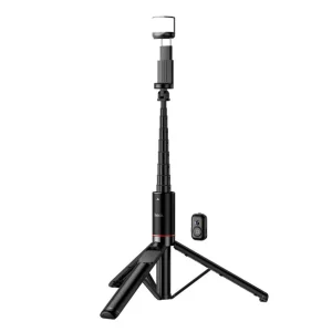 The HOCO. K34 All-In-One Live Broadcast Holder is a black extendable tripod with a small phone mount at the top and comes with a detachable wireless remote control placed beside it.