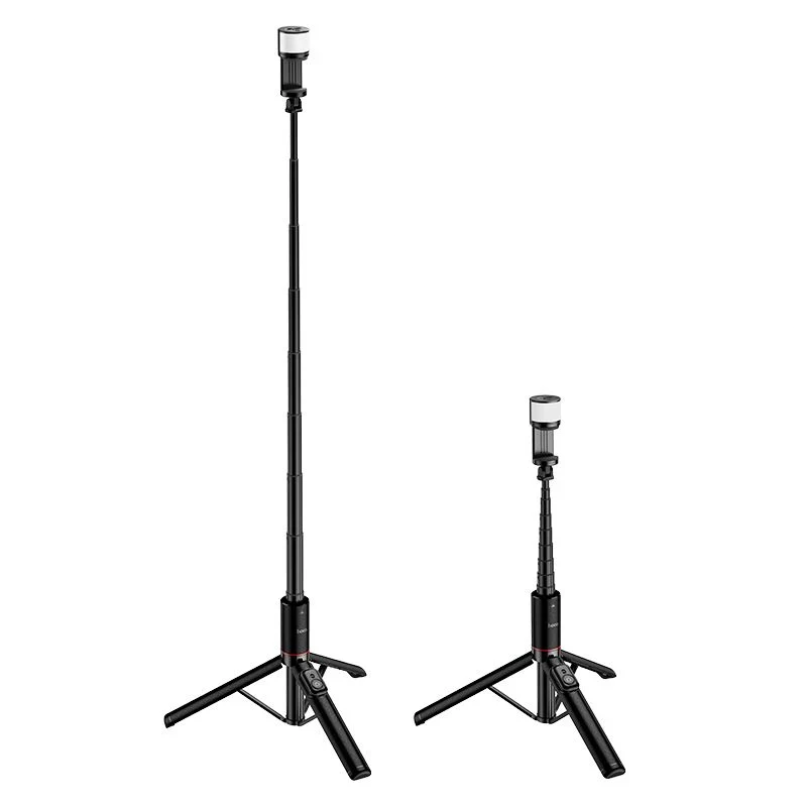 Hoco. K34 All-In-One Live Broadcast Holder Two hoco. K34 all-in-one live broadcast holder stands are shown in black—one fully extended and one partially collapsed—each with a cylindrical device mounted on top.