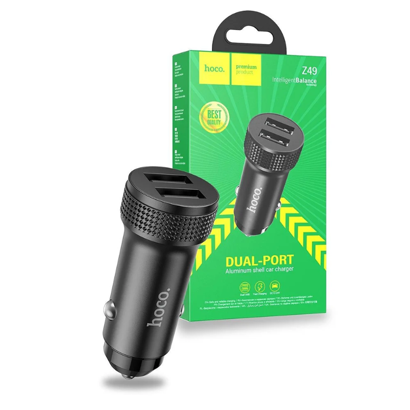 Hoco. Car Charger “Z49 Level” Cable Set With Micro Usb Cable Black dual-port usb car charger in front of green and yellow retail packaging labeled “hoco. Car charger ‘z49 level’ cable set. ”.