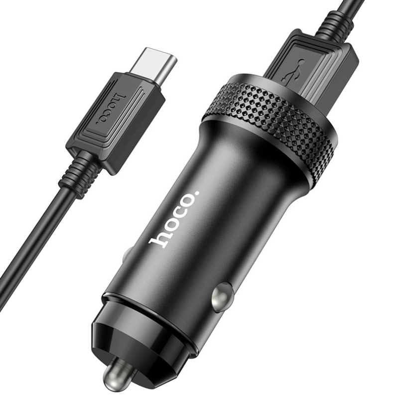 Hoco. Car Charger “Z49 Level” Cable Set With Micro Usb Cable Hoco. Car charger “z49 level” cable set—with a black finish, usb-c cable, and usb-a port—designed for use in a vehicle’s power outlet.