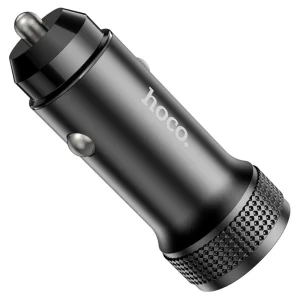 Here’s a rewritten sentence using the provided product data: The HOCO. Car Charger “Z49 Level” Cable Set features a black adapter with a metallic finish, shown at an angle to highlight its silver contacts and textured grip near the base.