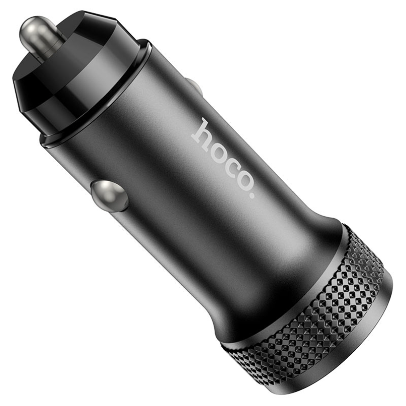 Hoco. Car Charger “Z49 Level” Cable Set With Micro Usb Cable Here’s a rewritten sentence using the provided product data: the hoco. Car charger “z49 level” cable set features a black adapter with a metallic finish, shown at an angle to highlight its silver contacts and textured grip near the base.