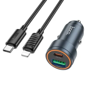 The HOCO. Z57A Glorious PD30W QC3.0 Car Charger Set C to iP, featuring USB-C and USB-A ports, is shown together with a USB-C to Lightning charging cable and a USB-C to USB-C cable.