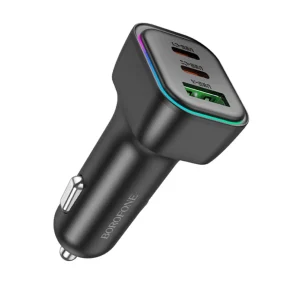 Black BOROFONE BZ28C Trophie PD60W 2C1A car charger with three USB ports, labeled 3.0A and 3.4A, angled to show the brand name on the side.