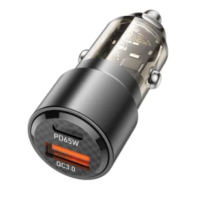 Close-up of the BOROFONE BZ20A Smart 83W Dual Port Car Charger, featuring a metallic and transparent design with one USB-C port labeled PD65W and one USB-A port labeled QC3.0.