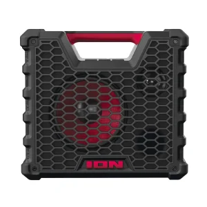 The ION Audio Tailgater Tough is a black and red portable Bluetooth speaker featuring a hexagonal grille, carrying handle, and rugged design, shown from the front.