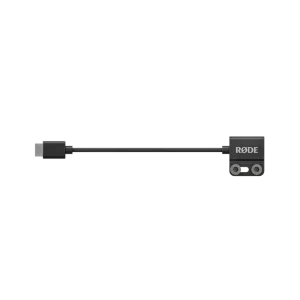 RODE Mini HDMI to HDMI Adaptor compact microphone clip with short USB-C cable and mounting block.