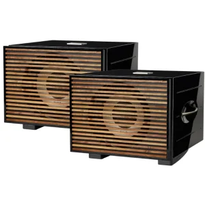 REL S Series Premium Wood Grille Pair of black DALI loudspeakers with wooden slatted front grills and visible circular drivers.