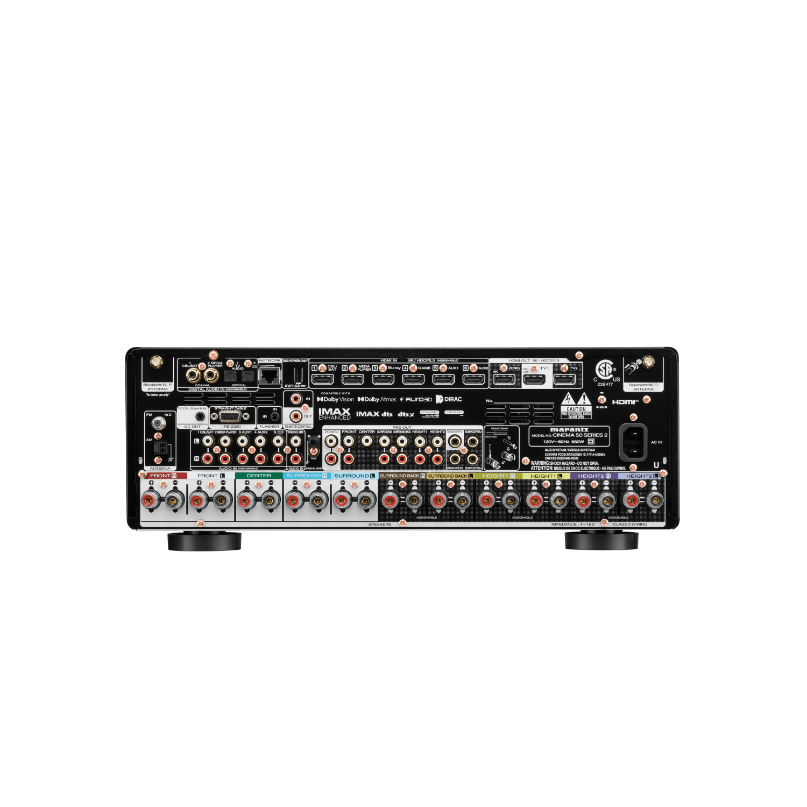 Marantz Cinema 50 Series 2 Av Receiver Rear view of a black av receiver showing multiple rca inputs, hdmi ports, and speaker terminals.