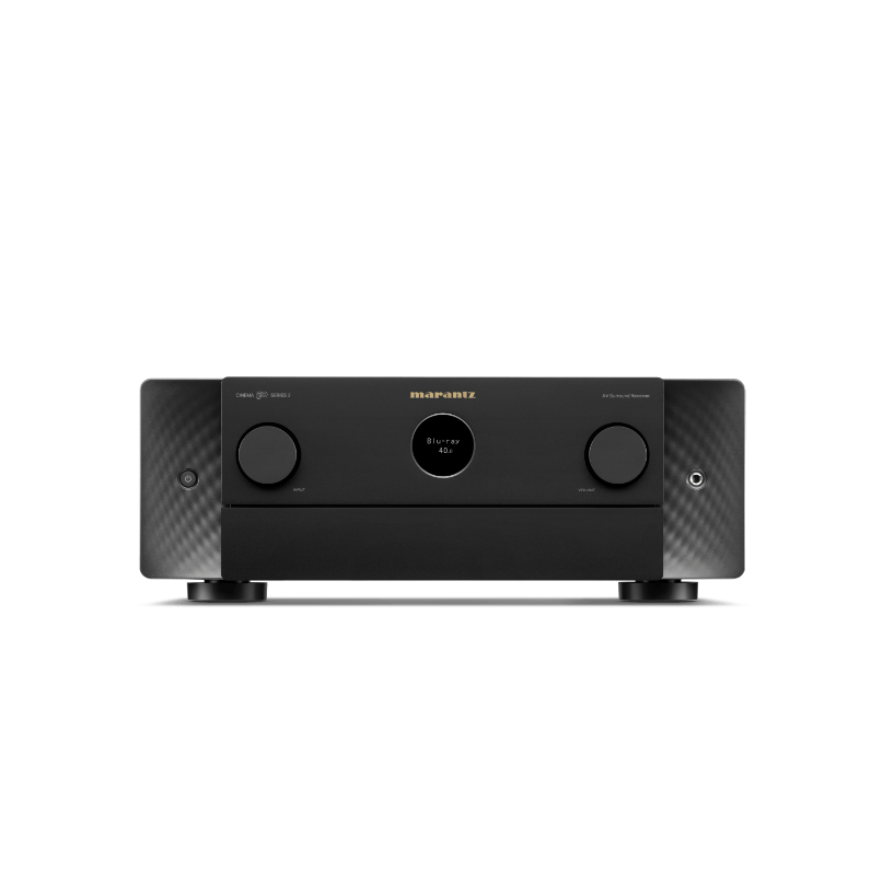 Marantz Cinema 50 Series 2 Av Receiver Marantz cinema 50 series 2 av receiver black audio amplifier with two front knobs, a circular center display, and carbon fiber side panels.