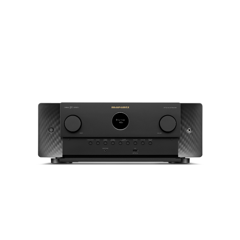 Marantz Cinema 50 Series 2 Av Receiver Marantz av receiver with black front panel, two large knobs, centered circular display, and carbon-fiber side panels.