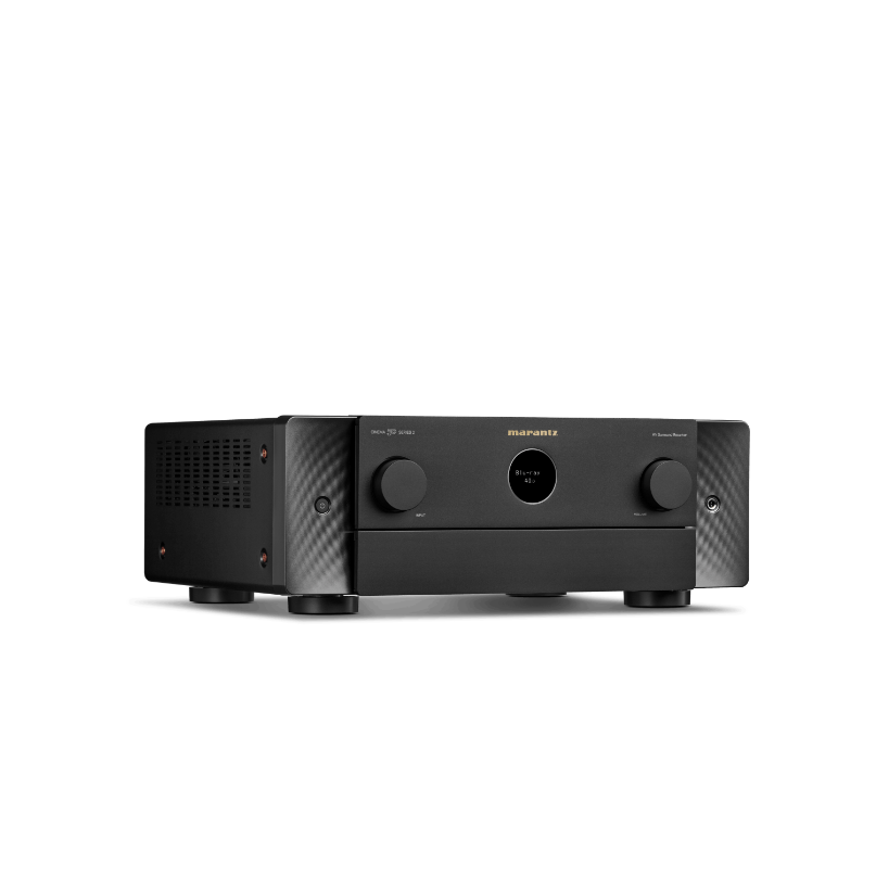 Marantz Cinema 50 Series 2 Av Receiver Marantz integrated stereo amplifier in black with two large knobs, a circular display, and carbon-fiber-textured side panels.